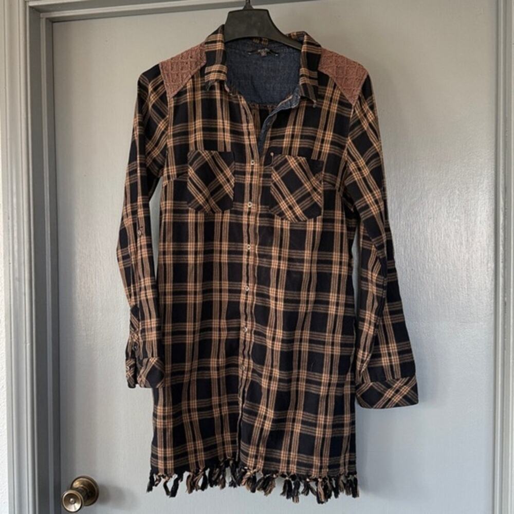 Miss Me Full Button Flannel Shirt Dress Plaid Pockets Fringe Lace Western Sz S